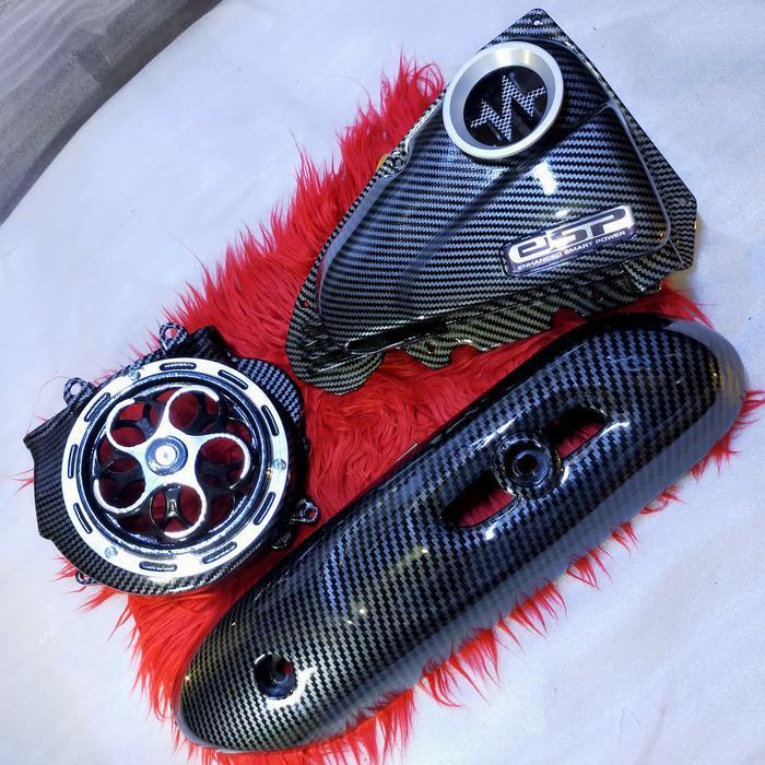 (3 Pcs) Paketan Carbon Cover Kipas Spinner, Filter Udara Veloscope, Tameng Knalpot Honda Scoopy Esp 