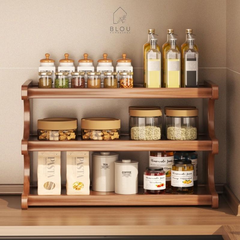 Blou Rak Kayu Aesthetic Estetik Kitchen Rack Seasoning Storage Rack Rak Kayu Bambu Gelas Bumbu Dapur