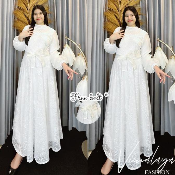 Gamis Brokat Putih Kombinasi Organza 6291 Baju Muslim Vima