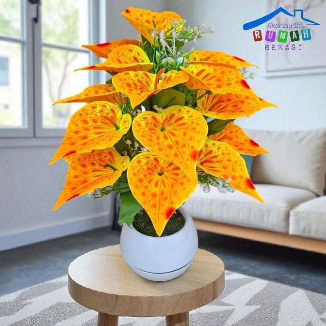 Bunga plastik anthurium Aron panda 18 kuntum bunga dengan pot dekorasi model bola
