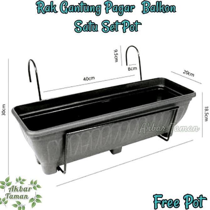 Satu Set Pot Gantungan Pot Bunga Besi Pagar Balkon Free Pot HC