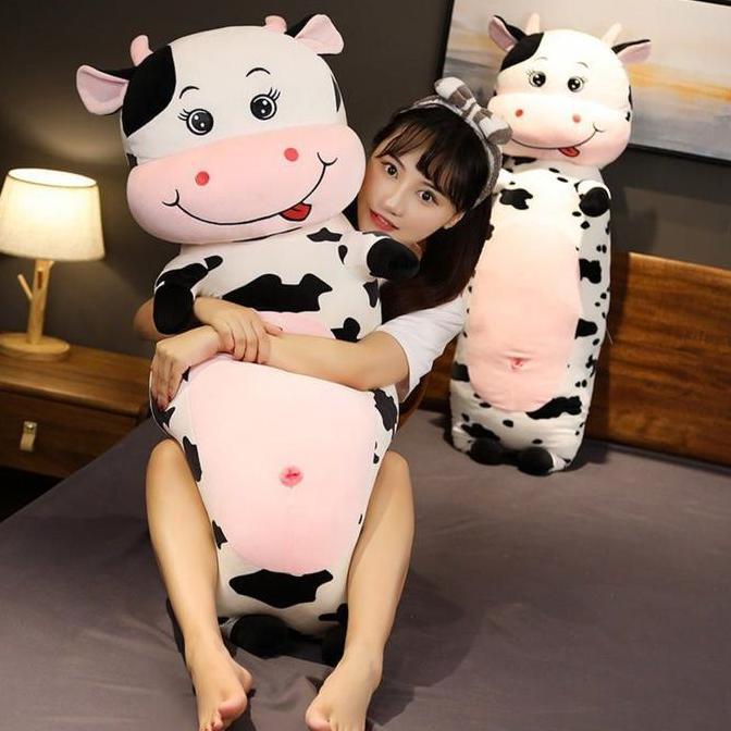 Boneka Sapi Jumbo Import 80 cm Giant Kawaii Plush Squish Guling Sapi Long Cuddly Cow Pillow mainan d
