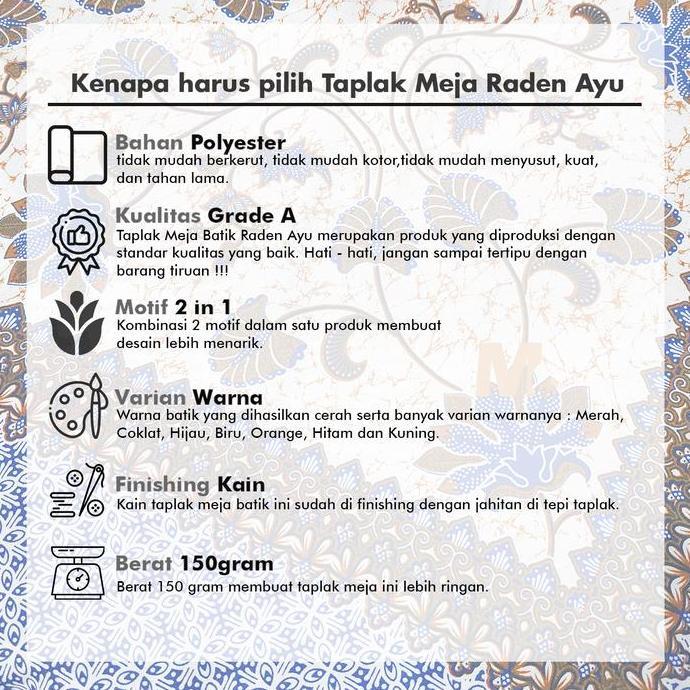 Taplak Meja Kain Batik Dekorasi Ruang Tamu Alas Meja Guru Raden Ayu Hitam Katun taplak  meja