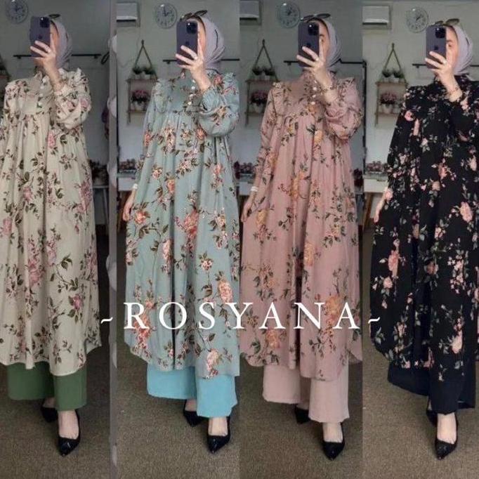 (LS) Setelan Long Tunik  Motif Bunga Jasmine Kecil Bahan Rayon Diamond Celana Cringkel