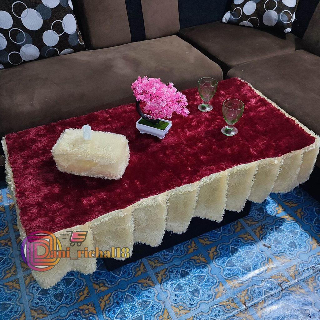 Taplak Meja Kaca Ruang Tamu Bulu Rasfur / Taplak Meja Rumbai Kombinasi / Taplak Meja Ruang Tamu Rumb