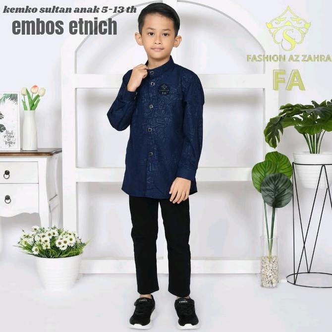 Baju Koko Anak Lakilaki Motif Etnik Embos Lengan Panjang Kain Nyaman
