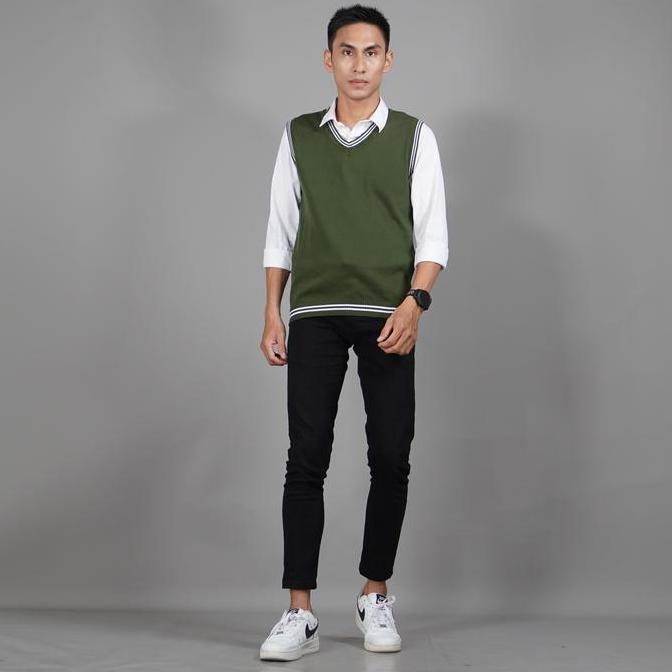 Okechuku Rompi Rajut Pria Vest Rajut Pria KREM LIST PUTIH Vest Pria