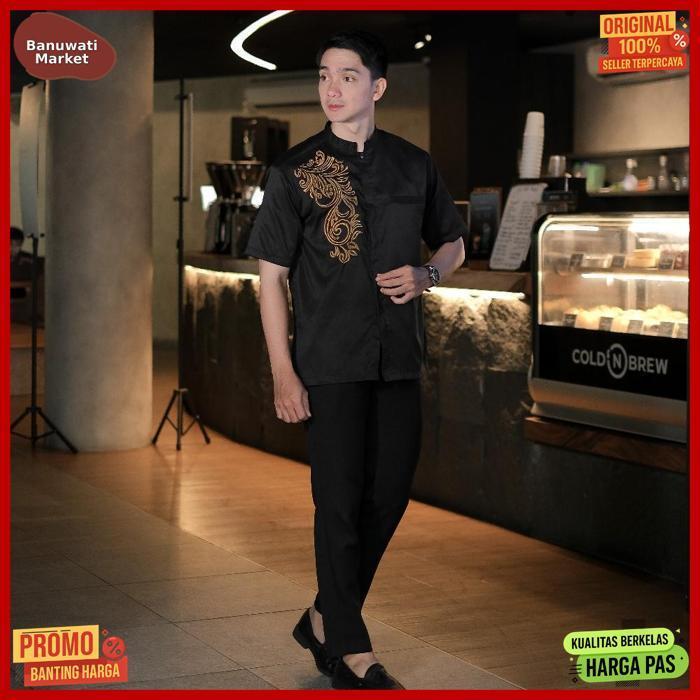 Original Baju Koko Pria Lengan Pendek Kemeja Koko Bordir Gold Maru Hitam Dewasa