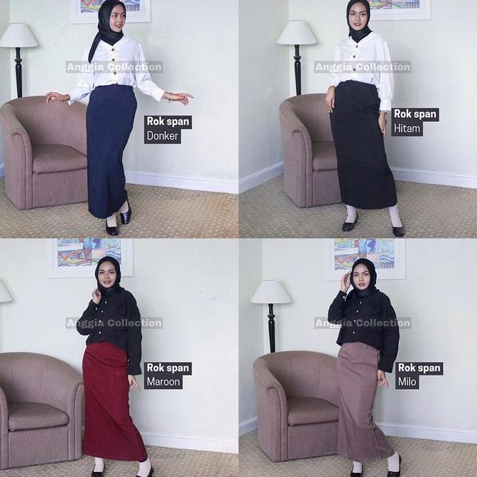 ROK SPAN/ROK KERJA WANITA/ROK FORMAL warna Dongker Hitam Maroon Milo Milo Bintik Kancing Karet