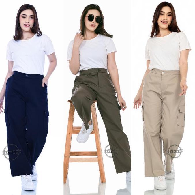Celana Kulot Kargo Panjang Wanita Model Pinggang Karet Belakang Hitam Twill Katun Melar Nyaman Kaki 