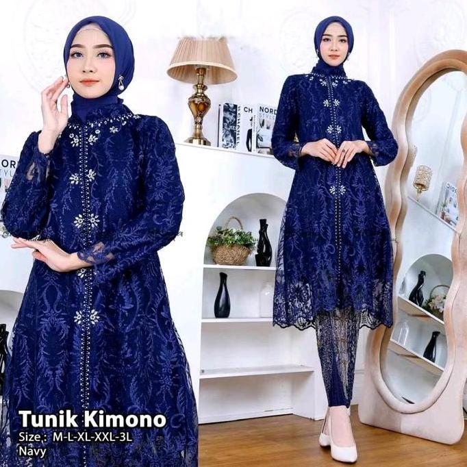 Couple Kebaya Modern Navy Batik Saroja Navy- Baju Setelan Kebaya Payet Pasangan Sarimbit PM