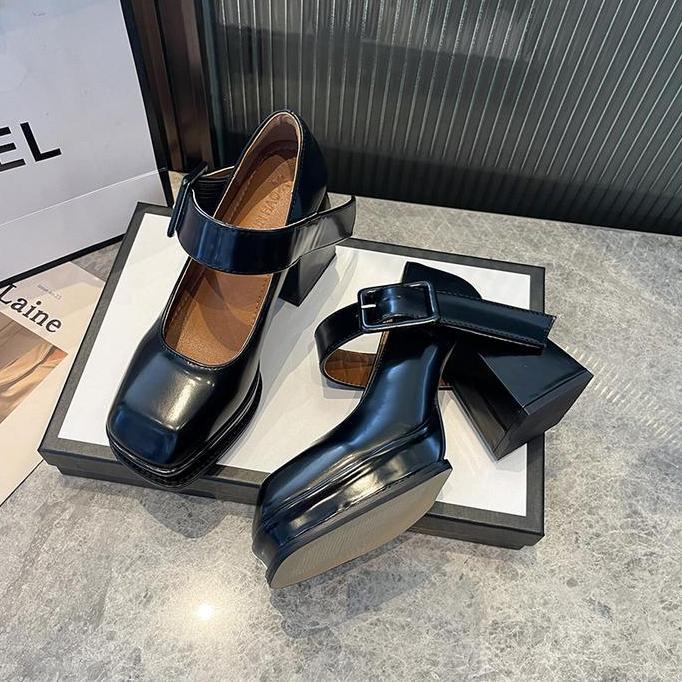 MURAH LEBAY Sepatu Hak Tinggi Tahu Wanita Terbaru Korea Hitam Tali Gesper Murah Big Size Pointed Toe