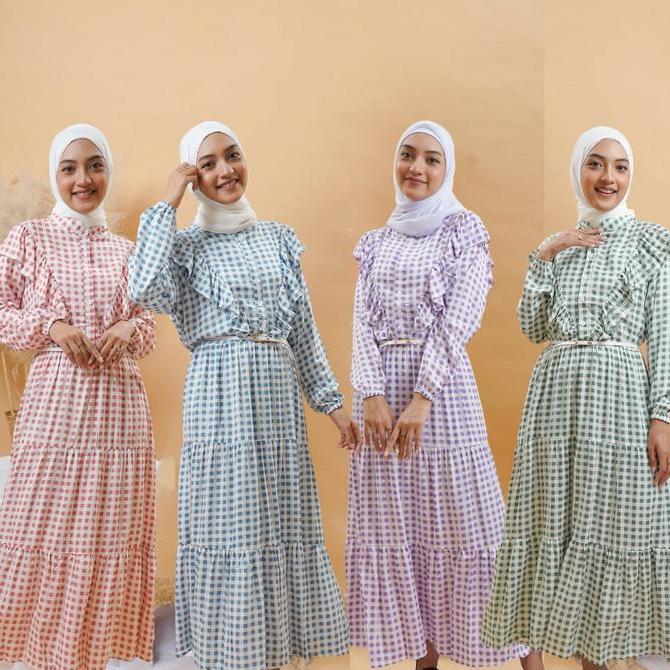 DV227 >> Gamis Couple Motif kotak couple/gamis kotak rempel couple Dress Ibu Merah Muslim Panjang Wa