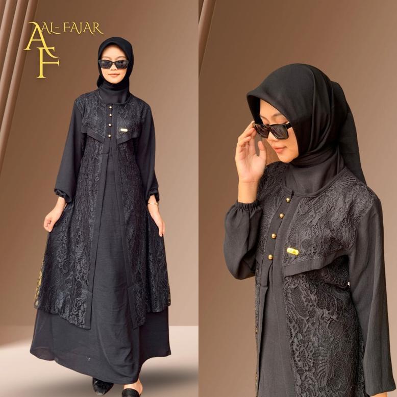 TERMURAH AZIZAH DRESS - Gamis Crinkle Airflow Mix Brokat Mewah Dress Pesta Busui Kondangan Size M L 