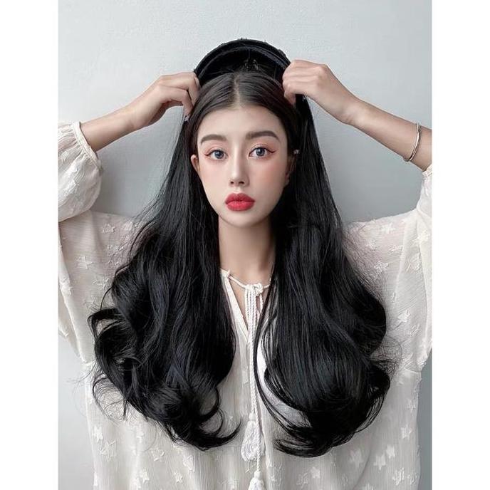 Lansungkirim- Aegyoshoppe - H022 Wig Bando Korea Kepang 60 Cm, Rambut Palsu Setengah Kepala Dengan B