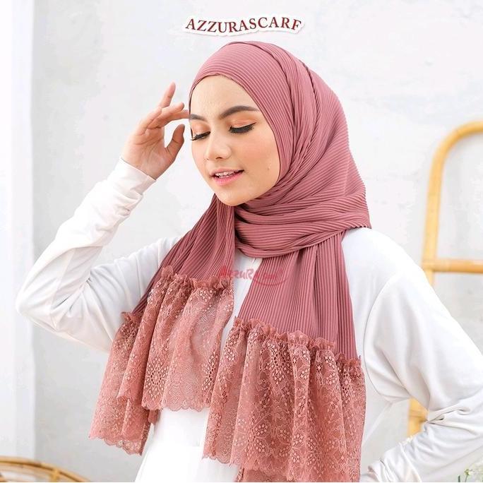 DB208 >> Pashmina Plisket Renda - Azzura Scarf (Kerudung Lace Import Premium Wanita Muslim) Square I