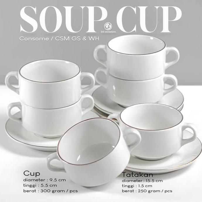 HAS_RADJA - MANGKOK SOUP DAN TATAK KERAMIK CONSOMME CUP & SAUCER / SOUP CUP + SAUCER LIS MAS (1SET) 