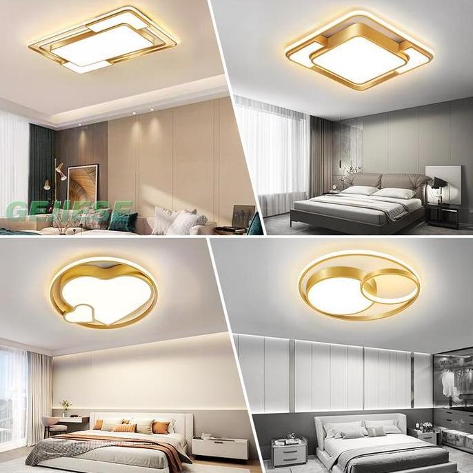 Grosir Gogeous Lampu Plafon Minimalis Modern 48/90Cm Remote 3 Warna Bulat/Persegi Emas Ornamen Pvc K