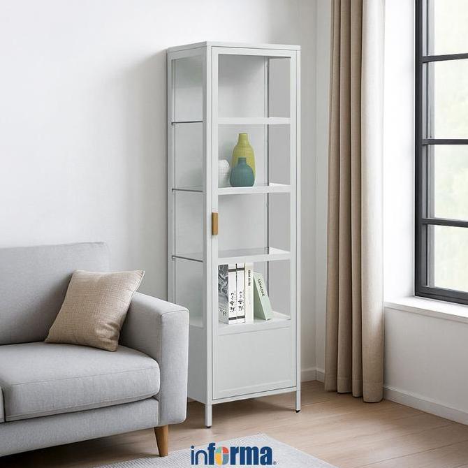 Informa Penny Kabinet 1 Pintu Kaca High - Abu-Abu Muda Rak Pajangan Lemari Buku Tempat Koleksi Hias 