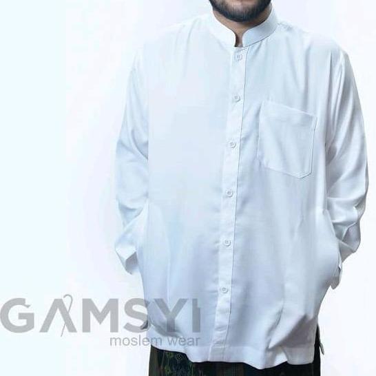 Baju koko linen polos habaib kerah samghai/ Koko Gamsyi lengan panjang Putih Muslim Pria Casual Nyam