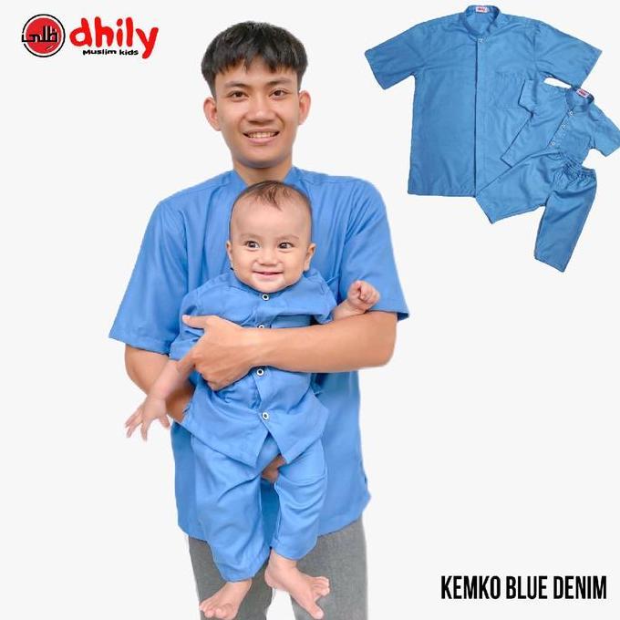Dhily Kemeja Koko Couple Ayah Anak Biru Denim | Koko Bayi, Koko Anak 1 Set Katun