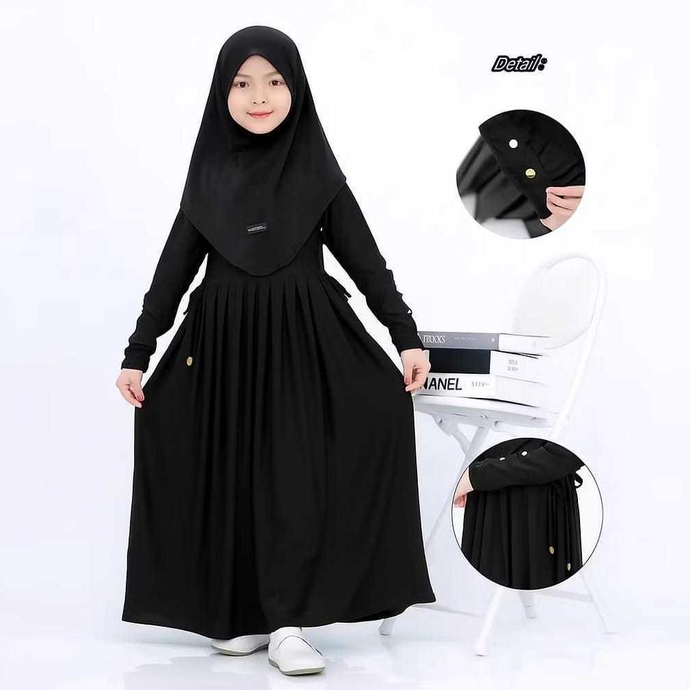 Grosir Gamis Anak Jersey Inara Set Hijab Baju Muslim Perepuan 2-12 Tahun Pinggang Serut Tali Hidup S
