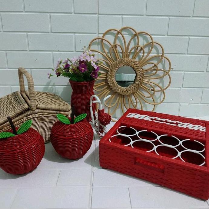 Termurah / Hot Sale Wadah Aqua Gelas Dan Tempat Tisu Rotan Sintetis Rangka Kayu