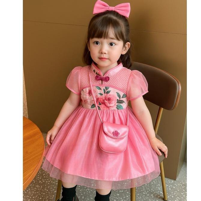 Selikobrter  - Dress Anak Perempuan Puring Bunga Pink Elegan Tas Mini | Model Cheongsam Modern