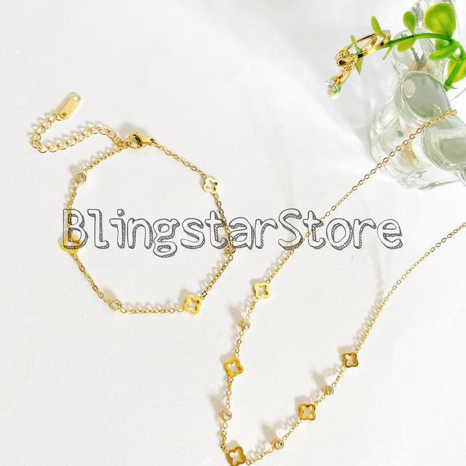 Kyuu- Set Perhiasan Wanita Titanium Model Skena Kalung, Gelang Dan Cincin