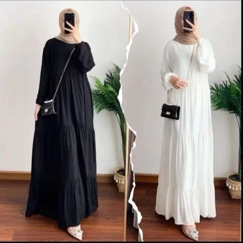 Termurah Gamis Hitam Putih Rempel Susun Bahan Rayon Premium / Busana Muslimah Terbaru / Gamis Terbar
