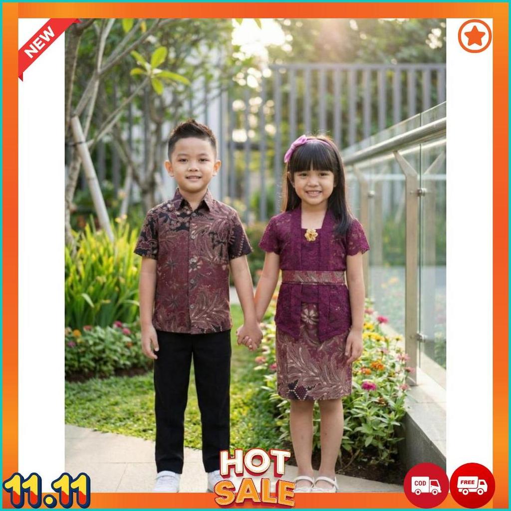 Couple Kemeja Batik Anak Laki Laki & Kebaya Brokat Bali Anak Perempuan Usia 1-9 Tahun [L7]