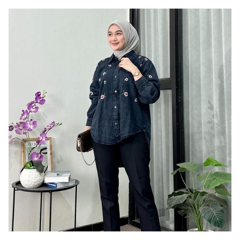 DISKON KEMEJA JEANS WANITA OVERSIZE TERBARU / KEMEJA DENIM WANITA JEANS ZARA LENGAN KARET KEKINIAN