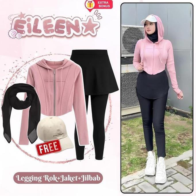 One Set 4In1 Legging Rok Jaket Hoodie Crop Topi Jilbab Bella Square | Ootd Outfit Oneset Setelan Wan