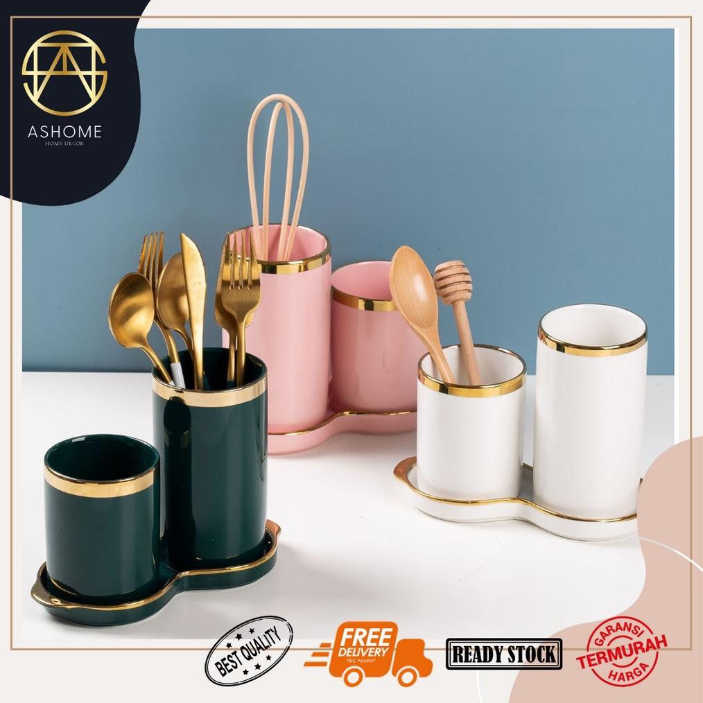 Set Tempat Sendok Keramik dengan 2 Tabung List Gold Berbagai Warna / Tempat Sendok Aestetik / Tempat