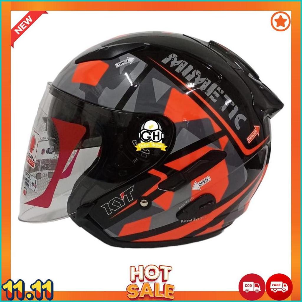 Helm Kyt Galaxy Flat R #4 Mimetic Black Red Fluo Double Visor Helm Half Face [H2]