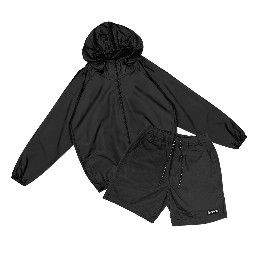 diskon purpose - satu set jaket dan celana bahan despo | celana pendek olahraga | jaket olahraga par