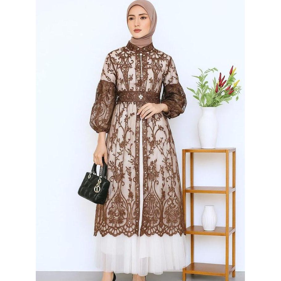 Yesaya - Outer Brukat Atasan Tunik Muslim Wanita Khusus Mahogany Seragaman LA