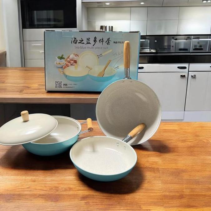 CHICKLEP 3in1 3 in 1 Set Paket Wajan Keramik Biru isi 3 pcs Panci Masak Penggorengan Soup Sup Anti L