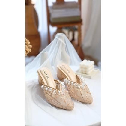 Cellene Brenda Beads Heels (2Warna) / Wedding Shoes Sepatu Pengantinbrukat Payet Putih Heels 5Cm Wan