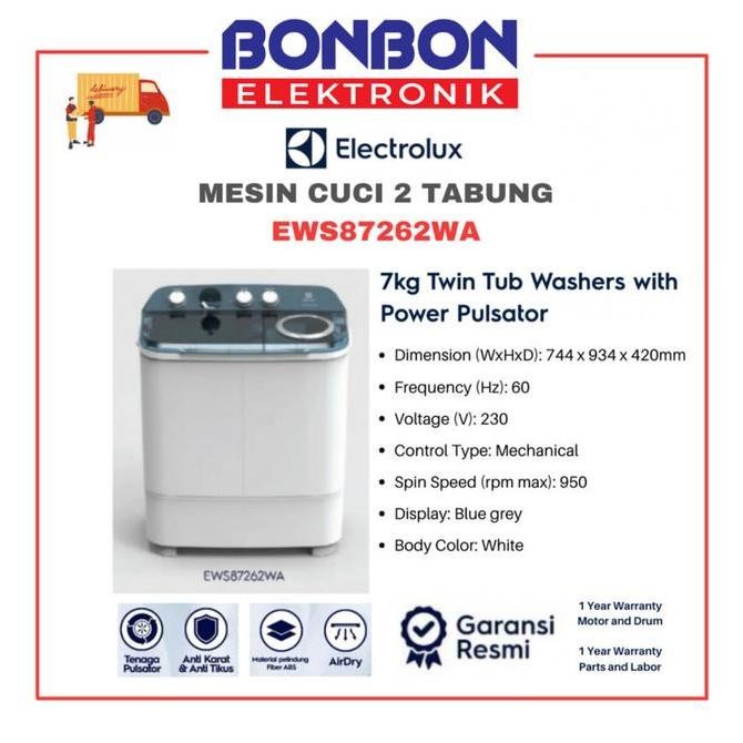 Promo Electrolux Mesin Cuci 2 Tabung 7KG EWS87262WA / EWS 87262WA / 87262 WA COD