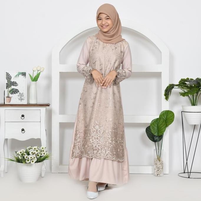 Gamis Mitha Anak Maxi Tanggung 9-14Th Dress Muslim Remaja Brukat Tile Bordir Lebaran Idul Fitri Pram