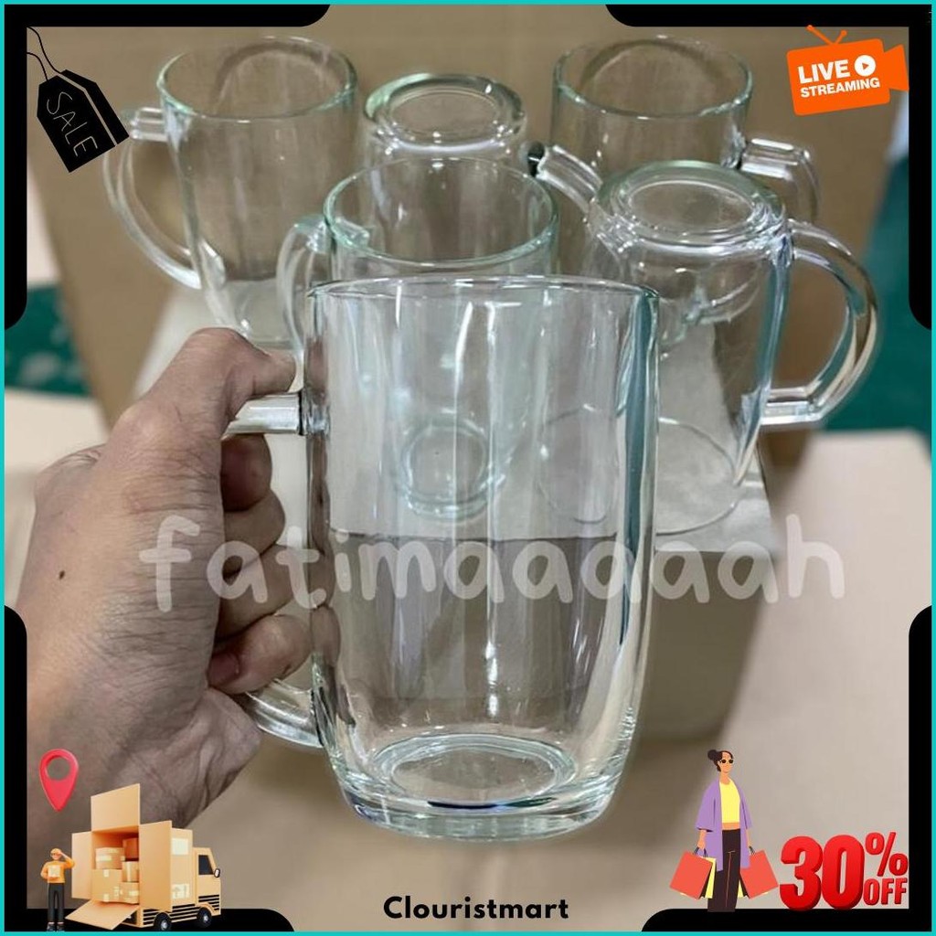Kim Glass - Gelas Gagang Kaca Gelas Air Minum 420 Ml M1551 Gelas Teh Gendut @6 Pcs Gratis Ongkir