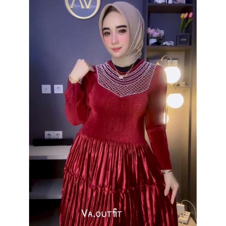 Promo Vaoutfit Meshita Midi Dress Plisket Premium Pesta Muslim Wanita Dewasa Kondangan Cod