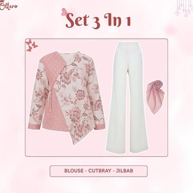Promo Set Outfit Kondangan 3 In 1 (Blouse Batik + Celana Cutbray + Jilbab Bella Square) Ootd Wanita 