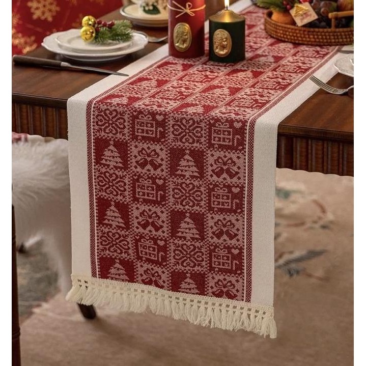 Table Runner Raya Merah | Taplak Meja Natal Estetik Alas Meja Makan & Dekorasi Ruang Tamu