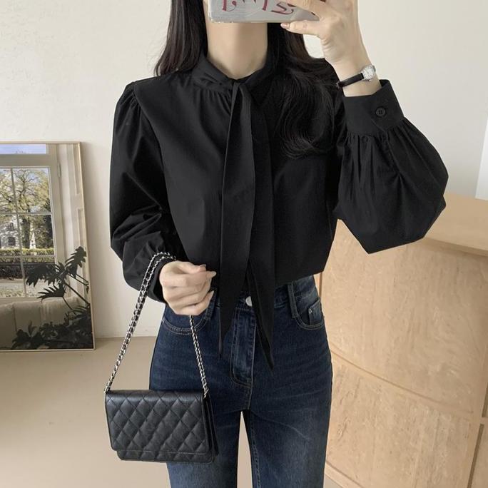 Kemeja Wanita Baru Korea Longgar Retro Kasual Fesyen Lengan Panjang Warna Solid Kemeja Dasi Atasan H