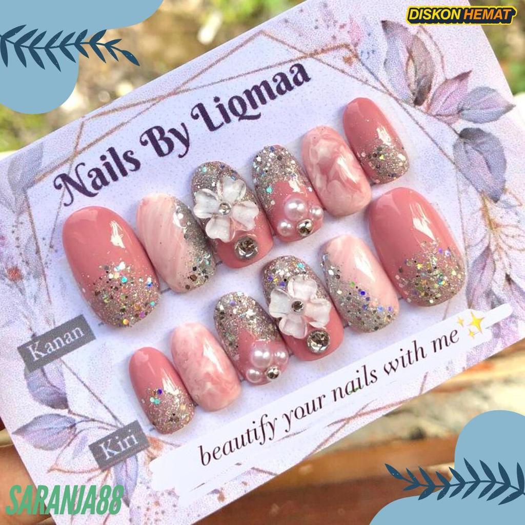 Cod Kuku Palsu Pink Nude Kombi Bunga / Kuku Palsu Wedding / Nail Art Nude / Kuku Palsu Nude / Nail A