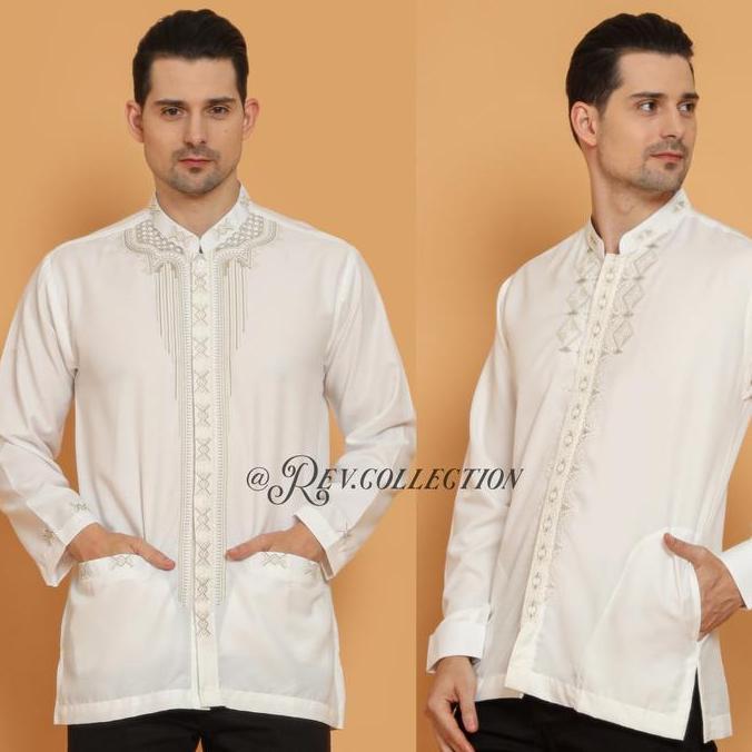 DR201>> Baju Koko Pria Putih Bordir Lengan Panjang Bordir Motif Elegan Original RevCollection Muslim