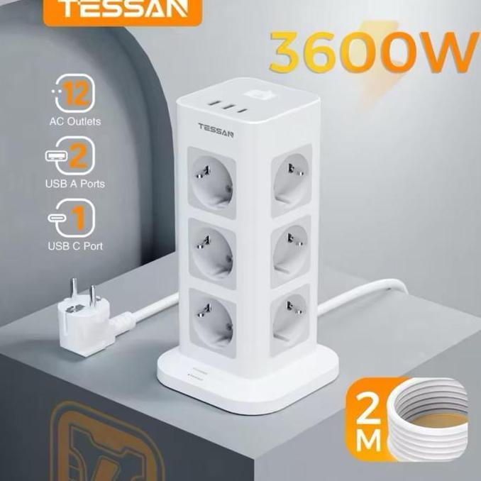 KAHONO- TESSAN TS-TPS04-DE-C-GR Stop Kontak Soket Multi Outlets Power Strip 12 Lubang Outlet EU Colo