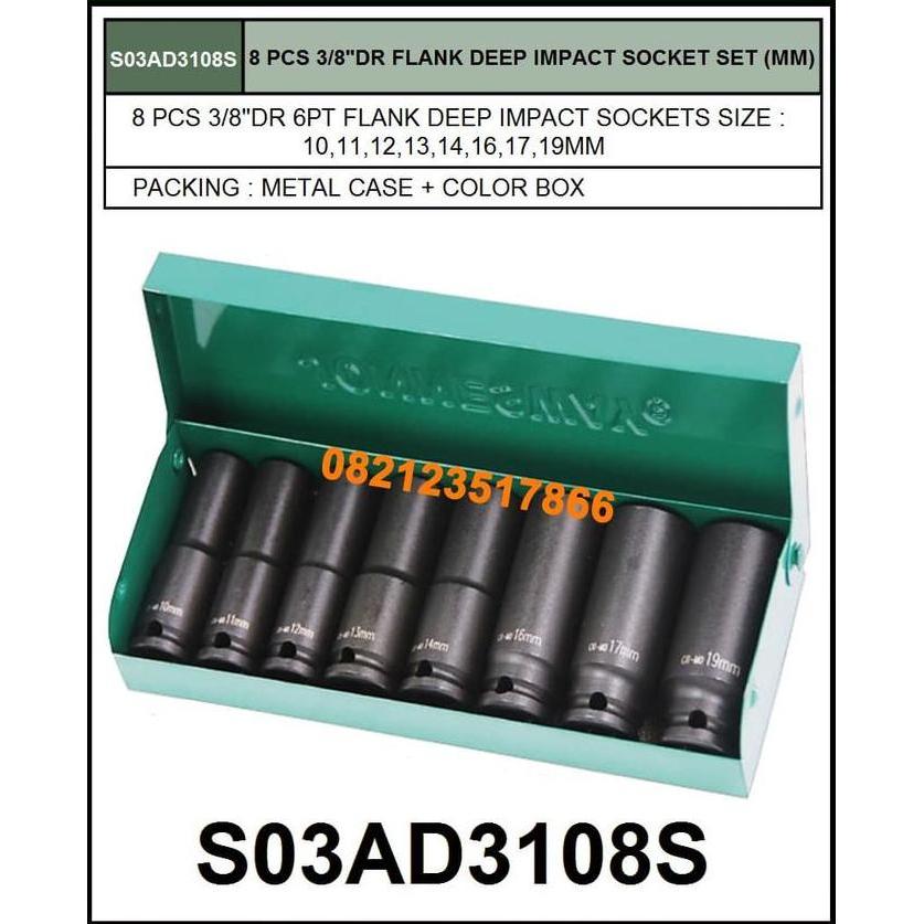 JONNESWAY 8 PCS 3/8"DR 6PT FLANK DEEP IMPACT SOCKET SET - S03AD3108S